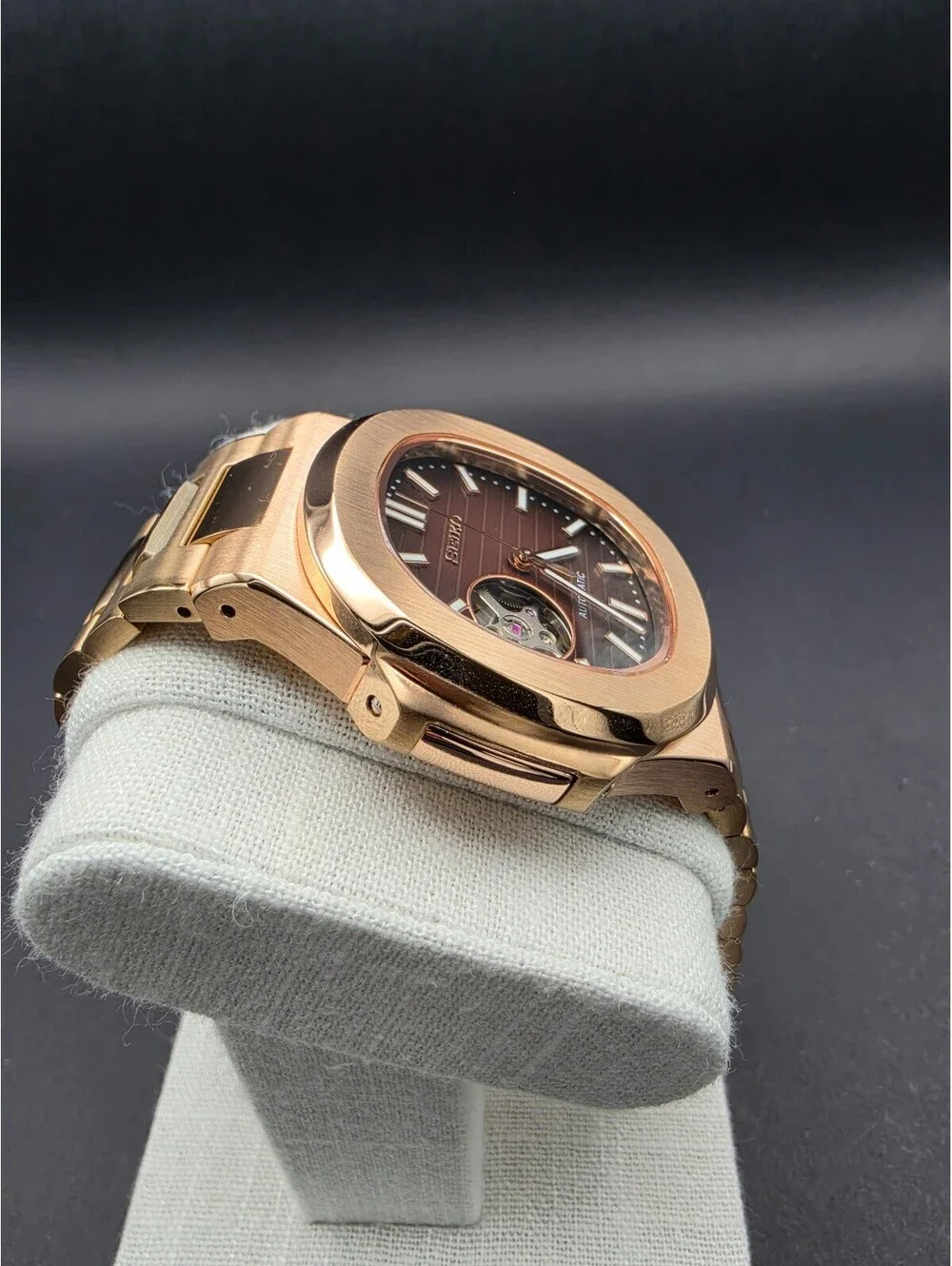 Custom Seiko Nautilus Rose Gold Open Heart Watch Mod